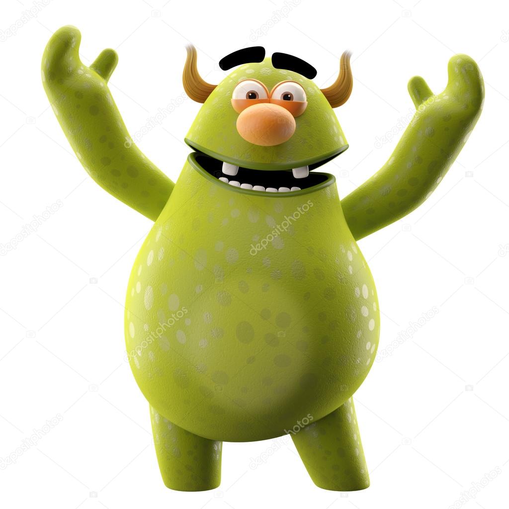 Funny green monster waving hands