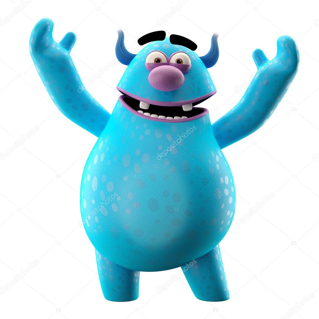 Funny blue monster waving hands