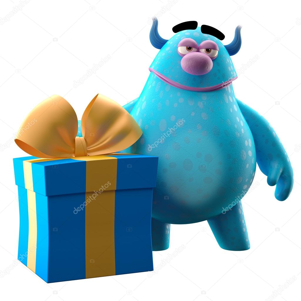 Cartoon blue monster with birthday gift