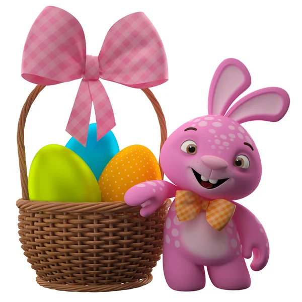 Sorridente coniglietto rosa Pasqua vicino al cestino — Foto Stock