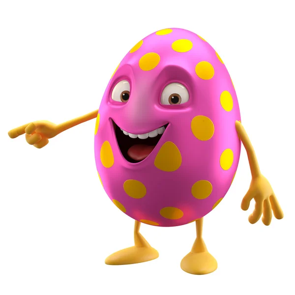 Pink funny Easter egg pointing by hand — Stock Photo, Image