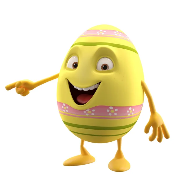 Κίτρινο χαριτωμένο Πασχαλινό αυγό δείχνει με το χέρι — Φωτογραφία Αρχείου