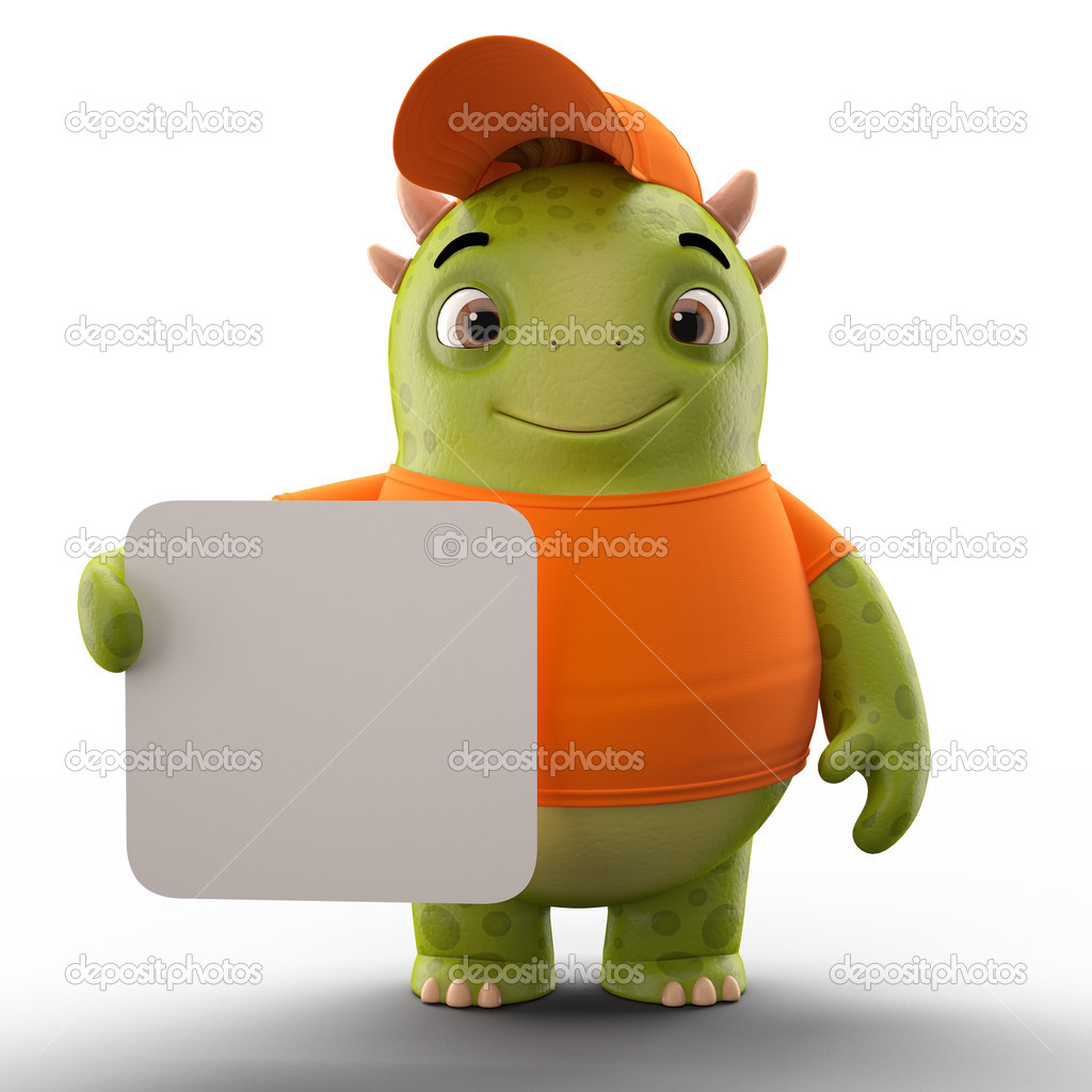 Green dino monster holding board