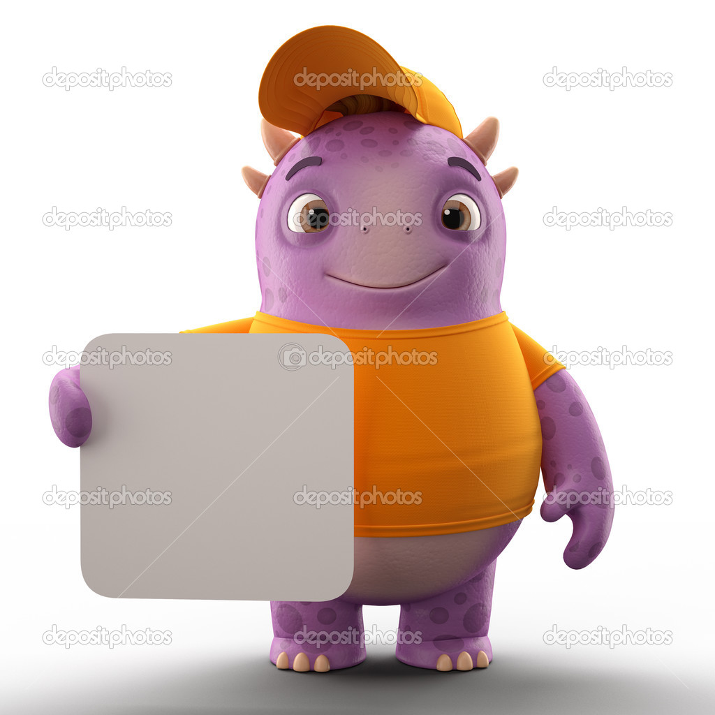 Purple dino monster holding board