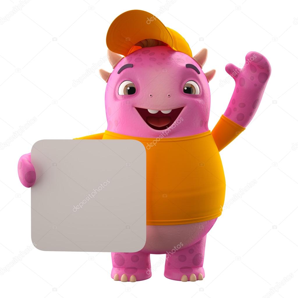 Pink dino monster holding board