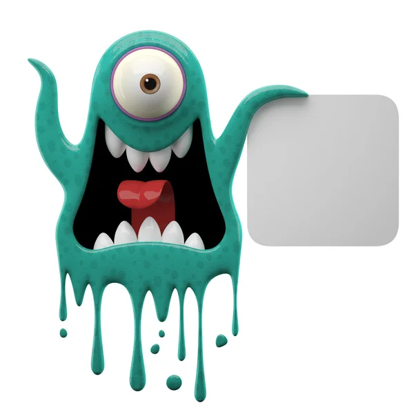 Scared cyan monster holding board — Stock Photo, Image