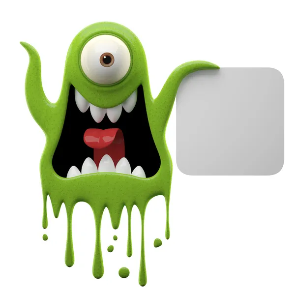 Scared green monster holding board — Stock Photo, Image