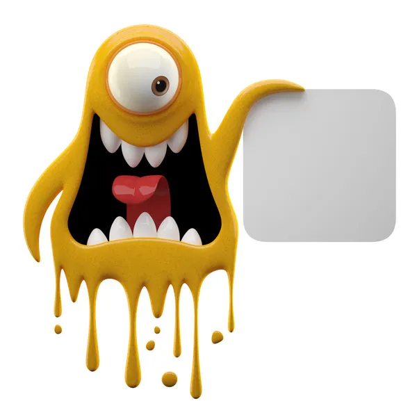 Yelling yellow monster holding board — Stock Photo, Image