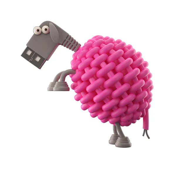 3d lustiges Symbol rosa usb Schafe Verbindung Charakter mit Kabel — Stockbild Rosa USB-Schafe — Stockfoto