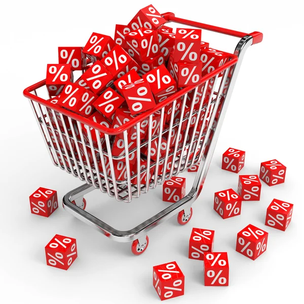 Carrinho de compras com cubos vermelhos com percentagem . — Fotografia de Stock