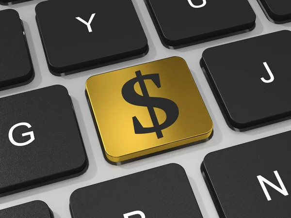 Golden button with dollar sign on the keyboard. — Stock Photo, Image