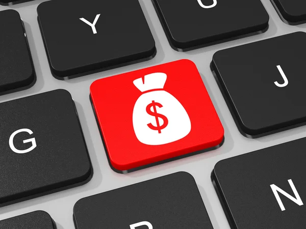 Money bag with dollar sign key on keyboard of laptop computer. — Stock Photo, Image