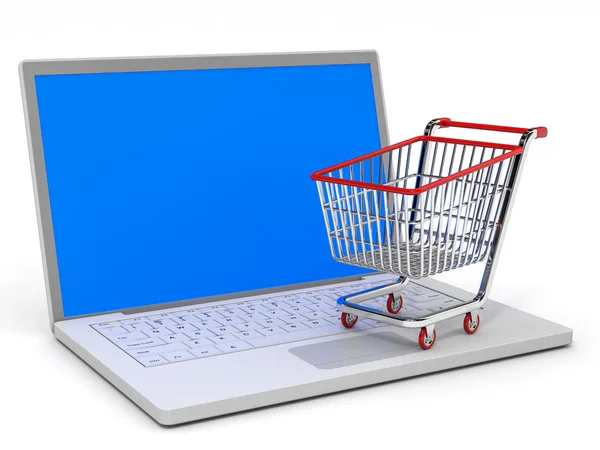Carrinho de compras e laptop. — Fotografia de Stock