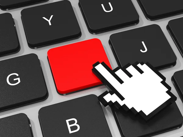 Red key and hand cursor on keyboard of laptop computer. — Stock Photo, Image