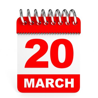 Takvim beyaz zemin üzerinde. 20 Mart.