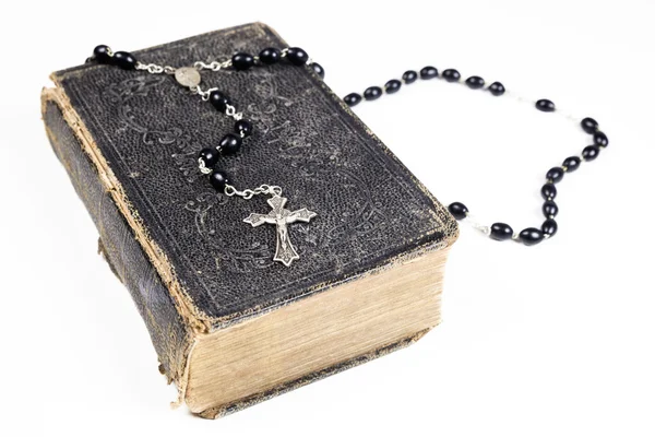 Rosary beads, cross and Bible — Stock Photo, Image