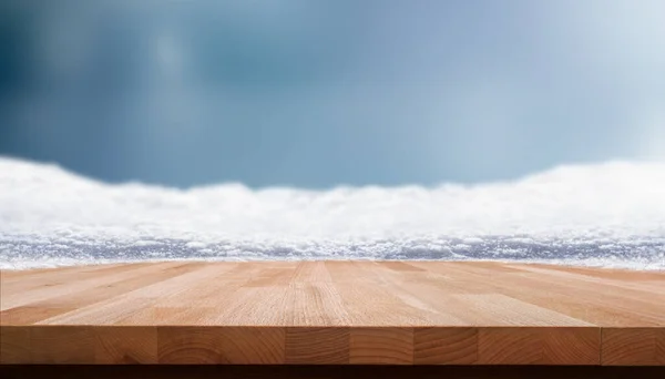 Slavnostní Zimní Vánoční Dřevěný Stůl Displej Studeným Modrým Pozadím — Stock fotografie
