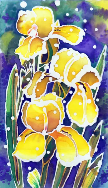 Arte de batik íris fundo floral amarelo — Fotografia de Stock