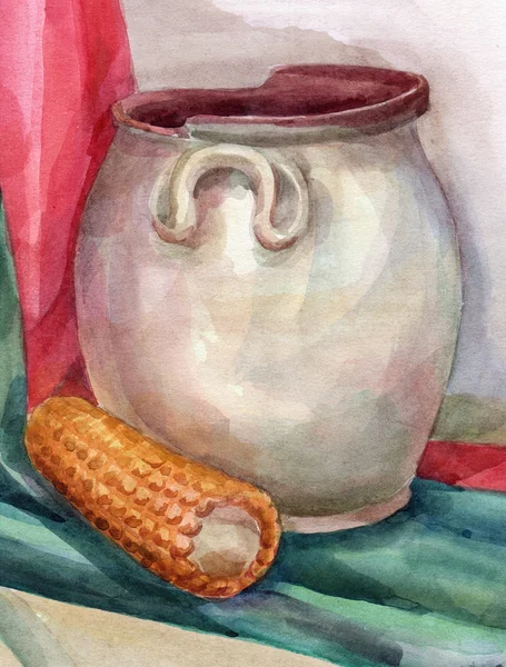 Illustration aquarelle de maïs et pot — Photo