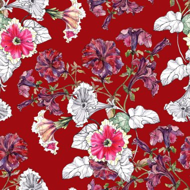  Kusursuz desenli suluboya çiçek petunyası ve kırmızı arka planda yapraklar. Dekorasyon ve tasarım için güzel desen.