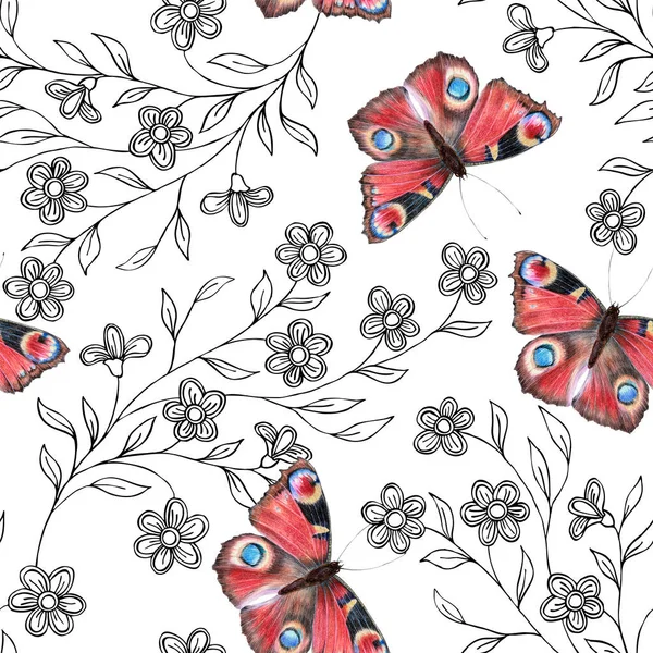 Decorative flowers for design. Ornament from flowers and bright butterfly on a white background. Floral seamless pattern.