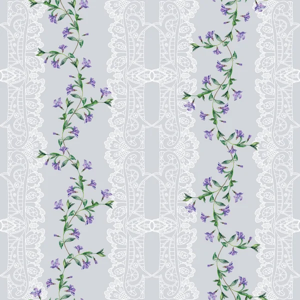 Decorative white lace for design. Ornament from flowers and lace on a gray background. Vertical seamless pattern.