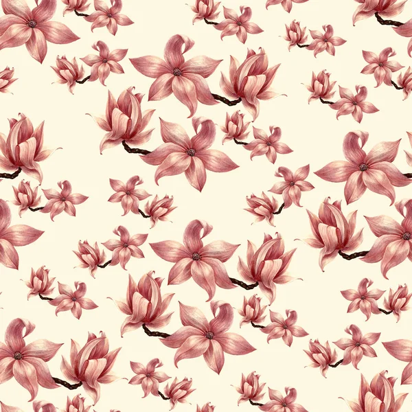 无缝图案的水彩花木兰花 在奶油背景上的木兰花分枝树 装饰和设计的漂亮图案 — 图库照片
