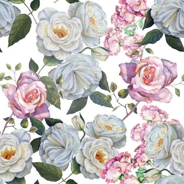 Patrón Sin Costuras Flores Acuarela Con Hojas Rosas Blancas Con — Foto de Stock