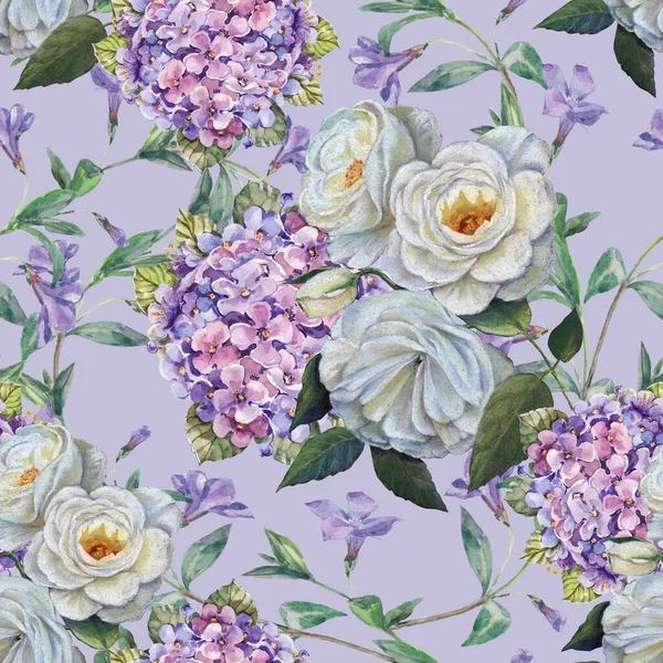 Seamless Pattern Watercolor Flowers Leaves White Roses Hortensia Lilac Background — Stock Photo, Image
