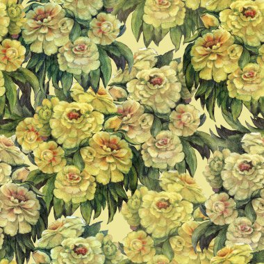 Sarı arka planda yaprakları olan suluboya çiçekleri. Dekorasyonlar, tekstil ve kağıtlar için çiçek bileşimine sahip kusursuz desen.