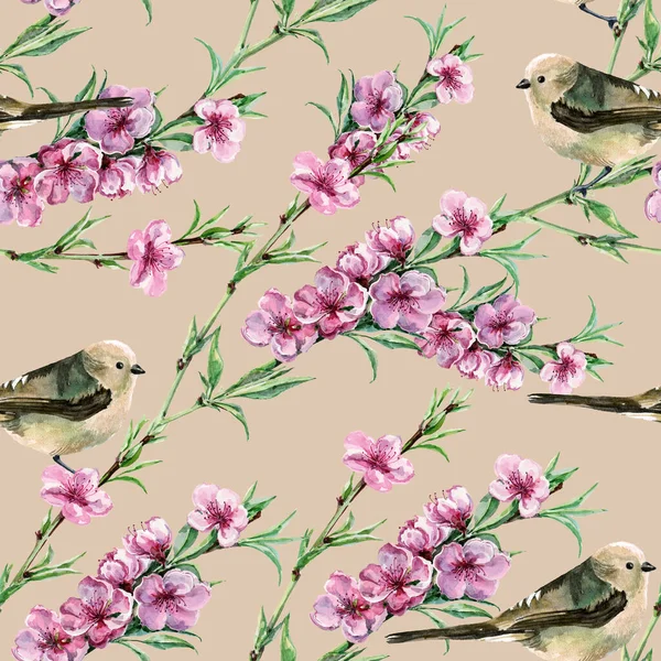 Kwiaty Brzoskwinia Ptakami Kompozycja Wiosenna Płynny Wzór Beżowym Tle — Zdjęcie stockowe