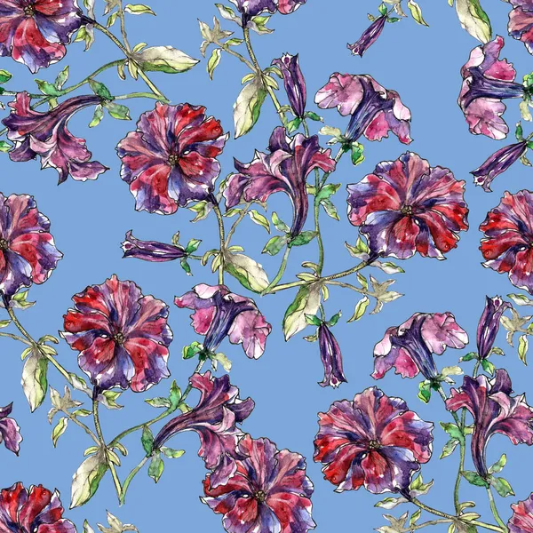 Akvarel Kvetoucí Květiny Listím Modrém Pozadí Bezešvý Vzor Květinovou Kompozicí — Stock fotografie