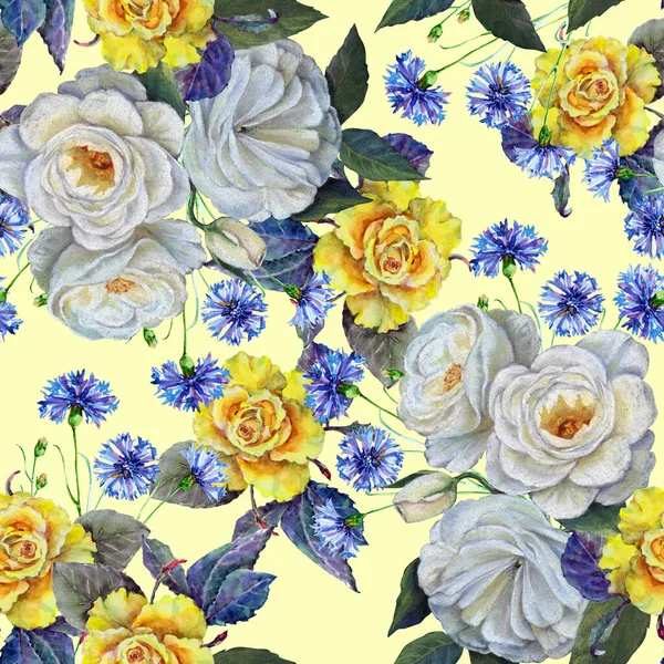 Watercolor Blooming Flowers White Rose Yellow Roses Cornflowers Yellow Background — Stock Photo, Image