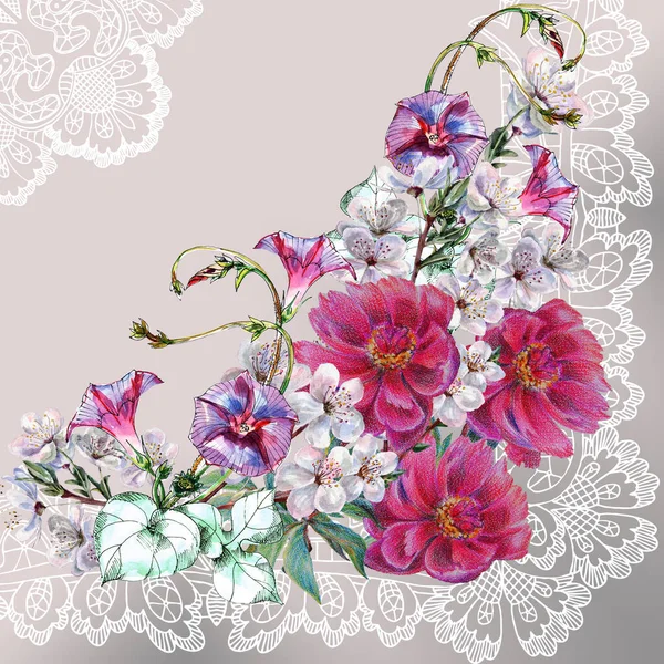 Acquerello Bouquet Fiori Primaverili Con Pizzo Sfondo Grigio Illustrazione Dell — Foto Stock