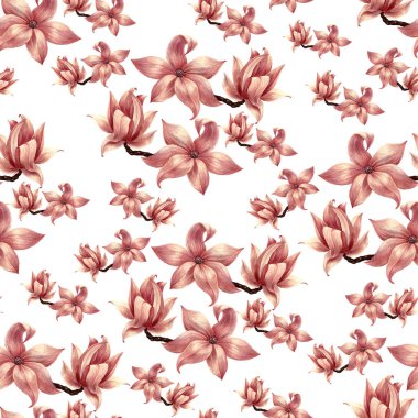 Beyaz arka planda renkli kalemlerle manolya çiçekleri çiziyor. Kumaş ve duvar kağıtları için çiçeksiz desen.