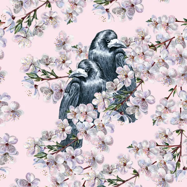 Akwarela Kwiaty Sakura Ptakiem Różowym Tle Pionowa Sprężyna Bezszwowa Wzór — Zdjęcie stockowe