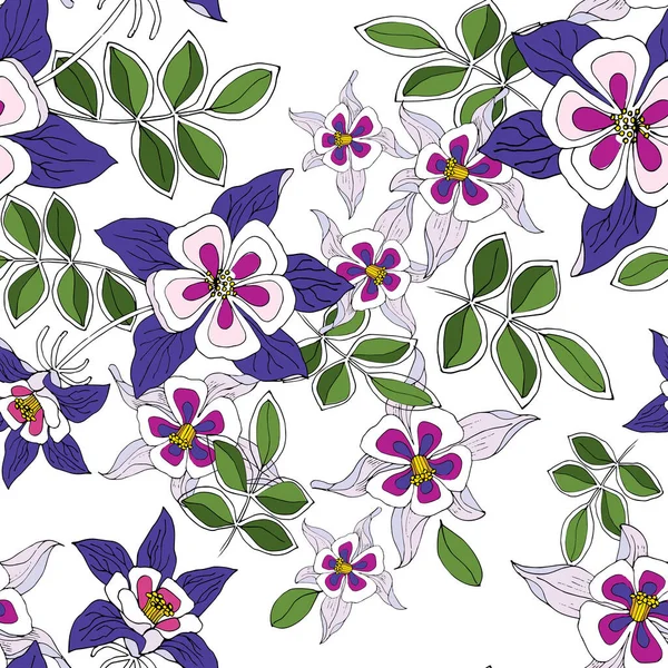 Blumen Columbine Auf Weißem Hintergrund Florales Nahtloses Muster — Stockfoto