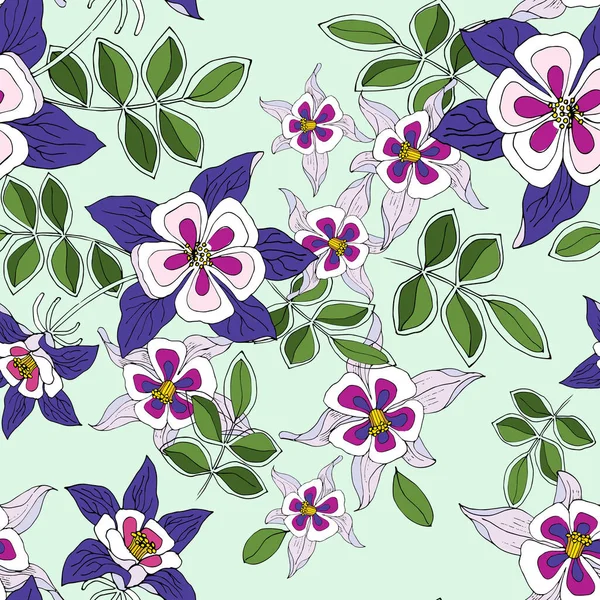 Blumen Columbine Auf Grünem Hintergrund Florales Nahtloses Muster — Stockfoto