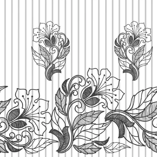 印刷やデザインのためのグラフィック花 モノクロームの飾り 白の縞模様のシームレスなパターン — ストック写真