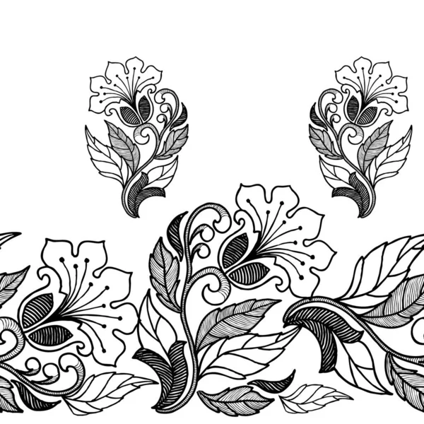 印刷やデザインのためのグラフィック花 モノクロームの飾り 白を基調としたシームレスなパターン — ストック写真