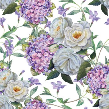 Suluboya çiçekleri yükseldi ve beyaz arka planda ortancalar oluştu. Çiçeksiz desen.