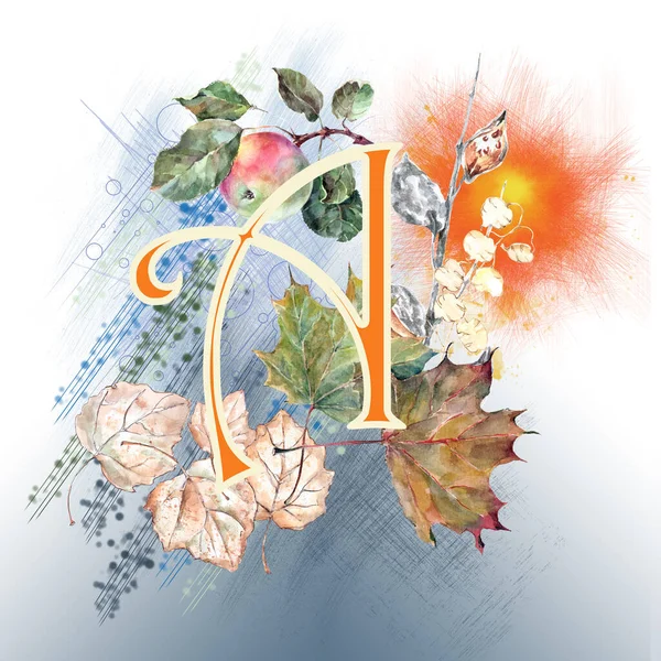 Liście Akwareli Jabłko Litera Jasnoniebieskim Tle Ilustracja Jesieni — Zdjęcie stockowe