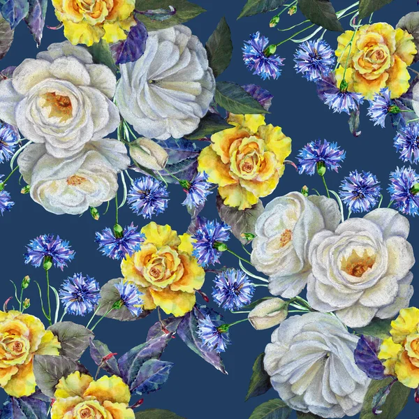 Watercolor Flowers Rose Cornflowers Blue Background Floral Seamless Pattern — Stock Photo, Image