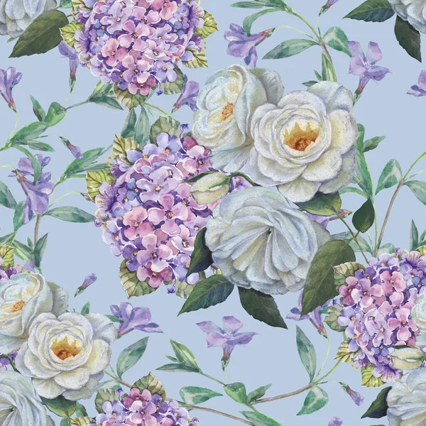 Υδατογραφία Λουλούδια Αυξήθηκε Και Ορτανσία Γαλάζιο Φόντο Floral Μοτίβο Χωρίς — Φωτογραφία Αρχείου