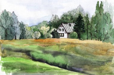 Suluboya manzara tasviri. Doğada ağaçların olduğu bir ev. Dekorasyon ve tasarım için güzel bir resim.