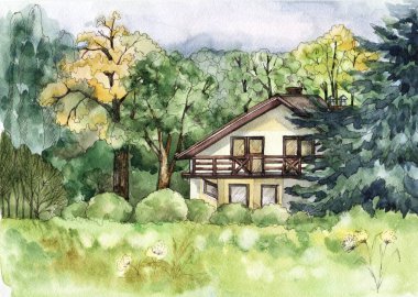 Suluboya manzara tasviri. Doğada ağaçların olduğu bir ev. Dekorasyon ve tasarım için güzel bir resim.