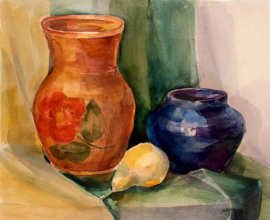 Suluboya resmin hayat dolu. Tekstil zemininde seramik armut. Dekorasyon ve tasarım için güzel bir resim.