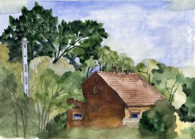 Suluboya manzara tasviri. Doğada ağaçların olduğu bir ev. Dekorasyon ve tasarım için güzel bir resim.