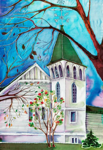 Иллюстрация Акварельного Пейзажа Церковь Деревьями Фоне Неба Рисунок Украшения Дизайна — стоковое фото