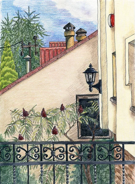 Иллюстрация Акварельного Пейзажа Вид Балкона Фоне Природы Рисунок Украшения Дизайна — стоковое фото